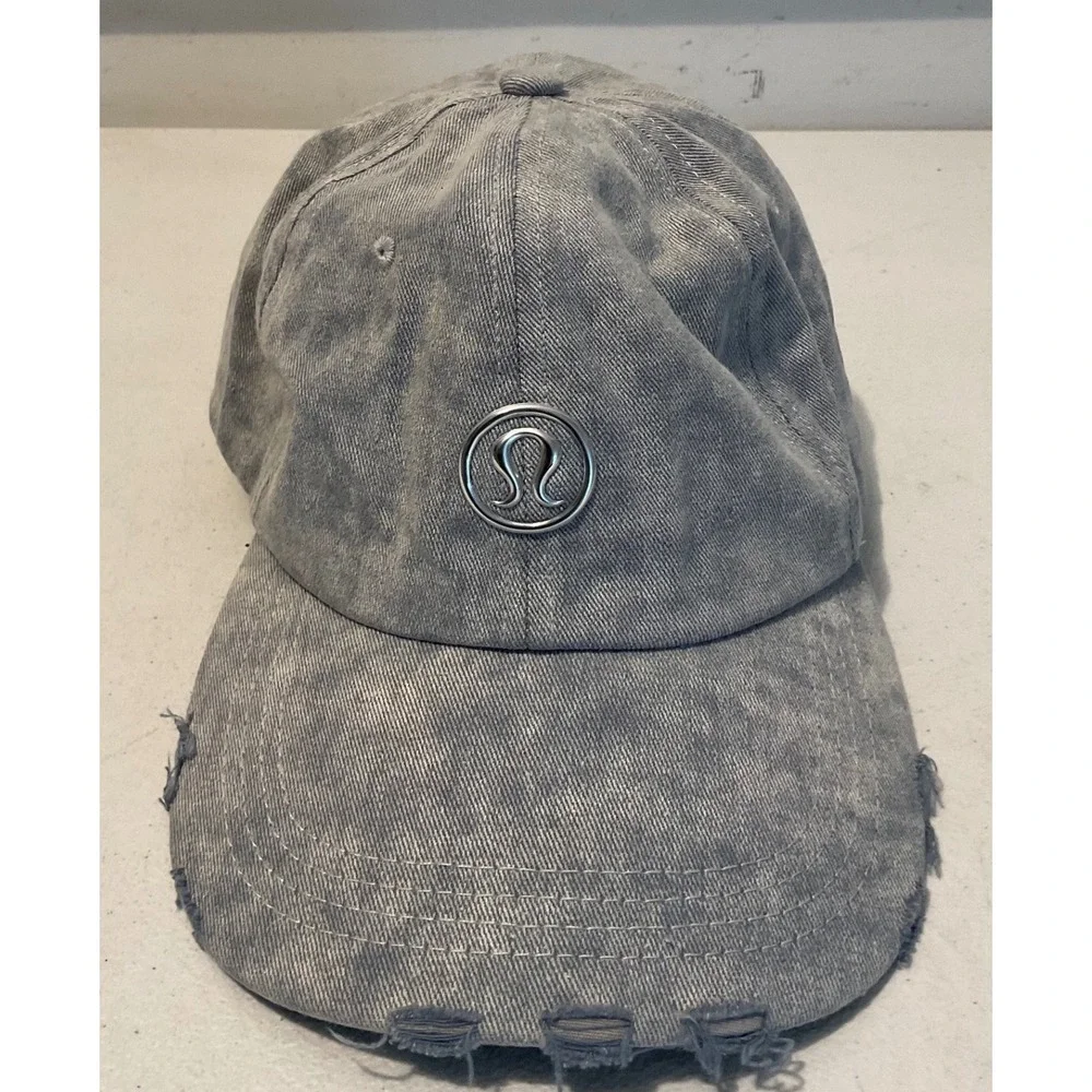 Lululemon Baller Hat Distressed Denim Blue Adjustable Baseball Cap Silver Logo